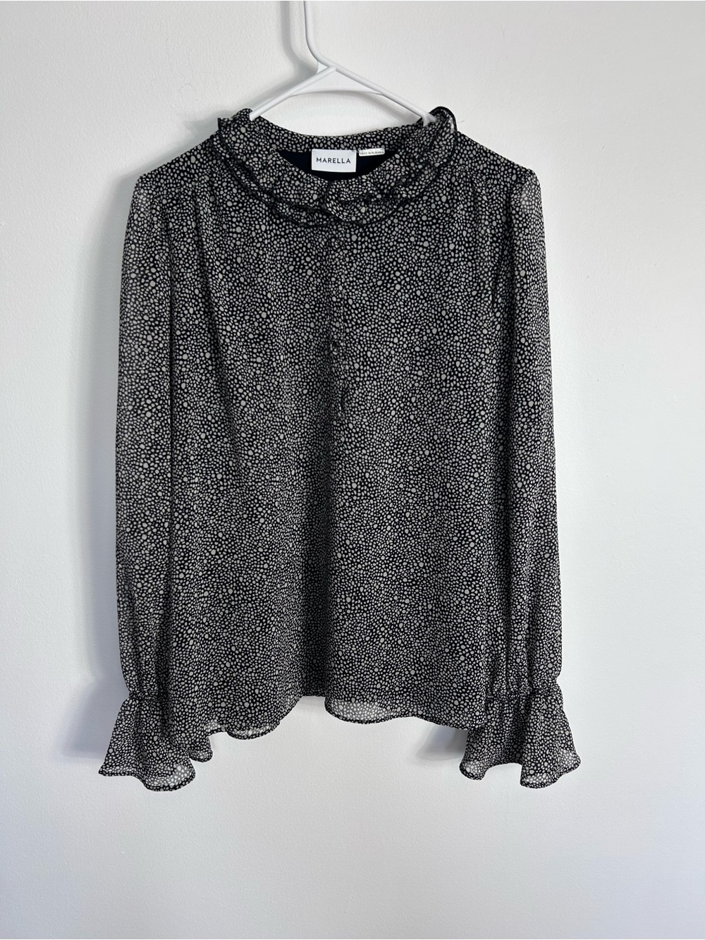 Marella Black & White Ruffle-Neck Long Sleeve Top - US 14‎